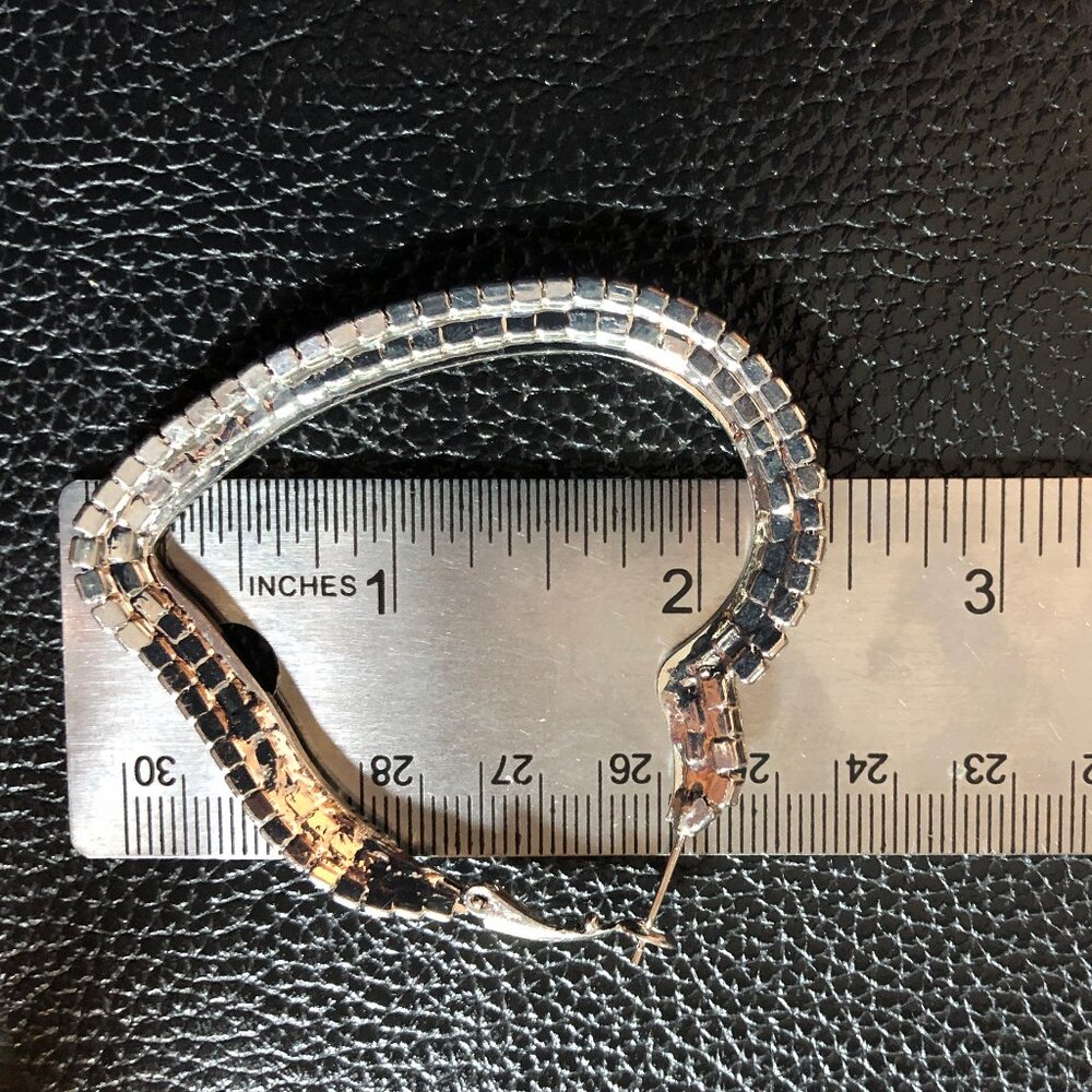 Silver Crystal Rhinestone Heart Hoop Earrings Big Huge 2.25" 2 Row VTG 90s NEW - Picture 9 of 10